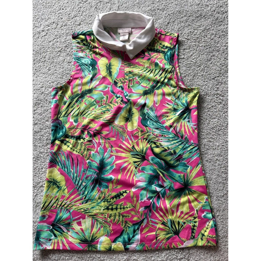 Tommy Bahama Golf Womens Small Sleeveless Polo Shirt Tropical Pink Green Floral